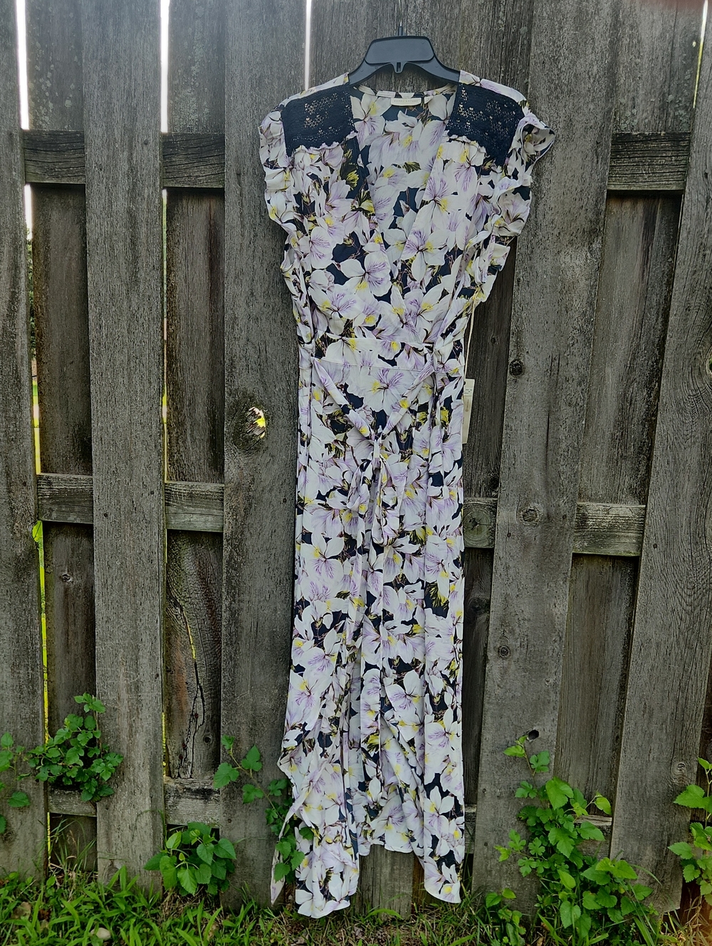 New Happy Nature Floral Wrap Maxi Dress in Lavender and Navy sz L